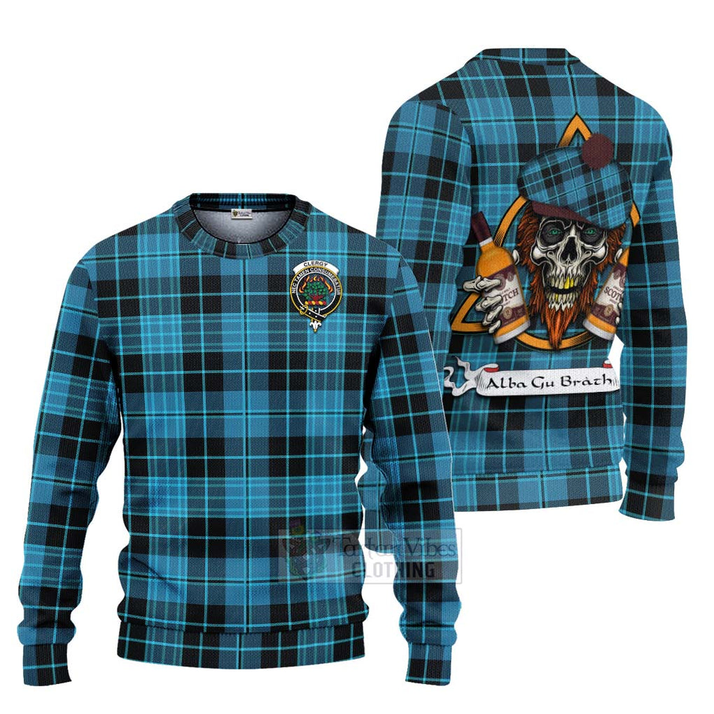 Tartan Vibes Clothing Clergy Tartan Knitted Sweater with Family Crest and Bearded Skull Holding Bottles of Whiskey