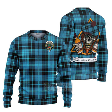 Clergy Tartan Ugly Sweater with Family Crest and Bearded Skull Holding Bottles of Whiskey