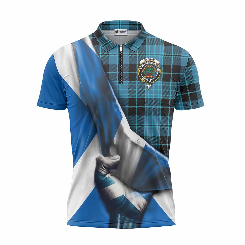 Tartan Vibes Clothing Clergy Tartan Zipper Polo Shirt with Family Crest Scotland Patriotic Style