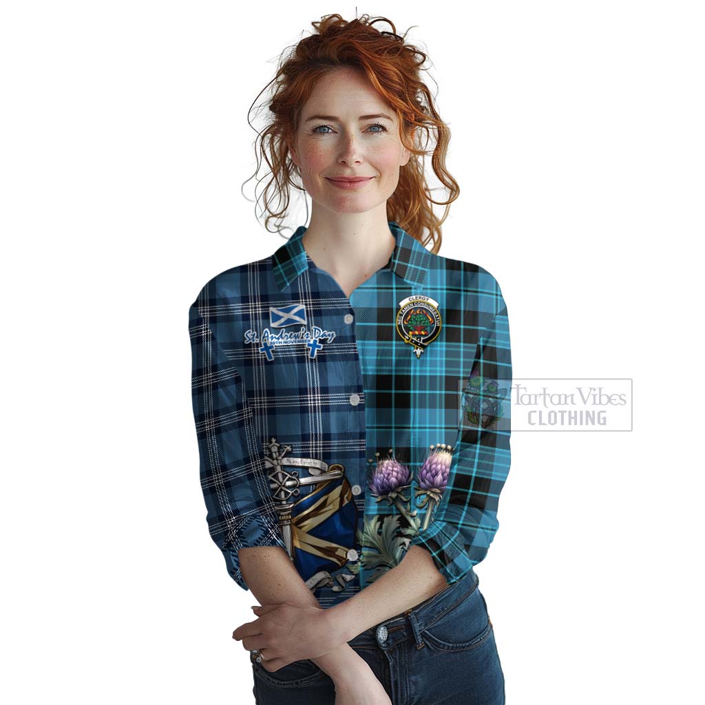 Tartan Vibes Clothing Clergy Tartan Women's Casual Shirt Happy St. Andrew's Day Half Tartan Style