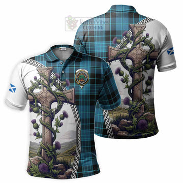 Clergy Tartan Polo Shirt with Family Crest and St. Andrew's Cross Accented by Thistle Vines