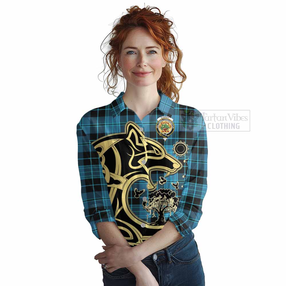 Tartan Vibes Clothing Clergy Tartan Women's Casual Shirt with Family Crest Celtic Wolf Style