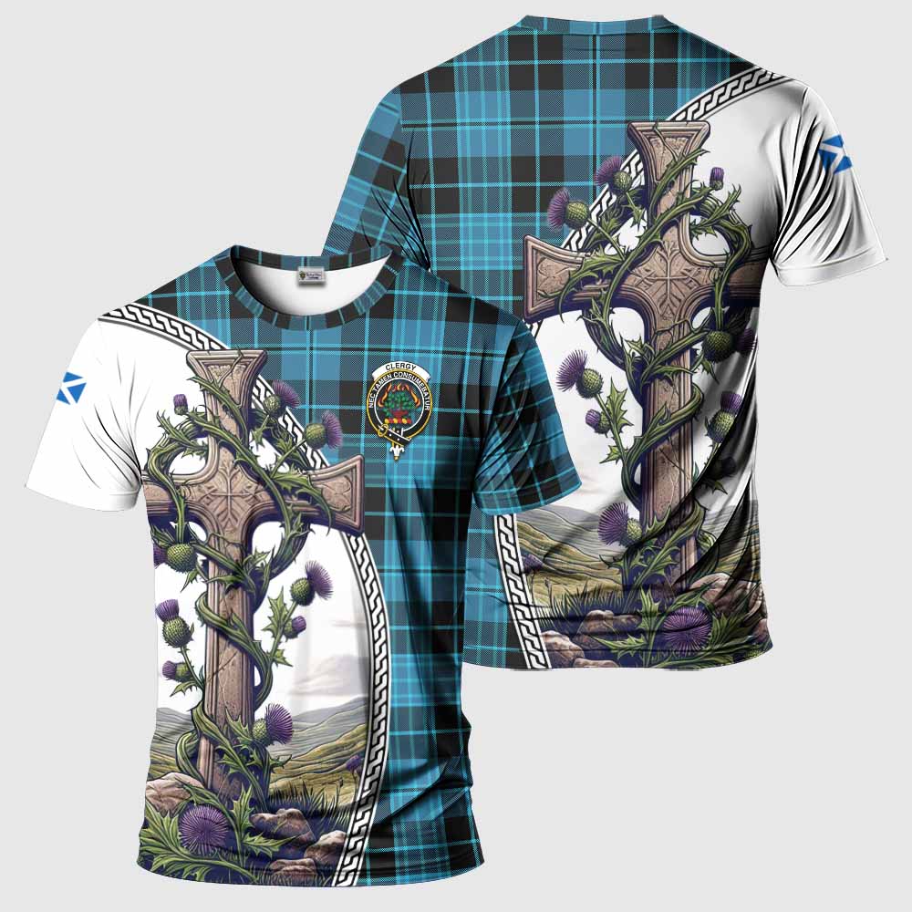 Tartan Vibes Clothing Clergy Agnew Tartan T-Shirt with Family Crest and St. Andrew's Cross Accented by Thistle Vines