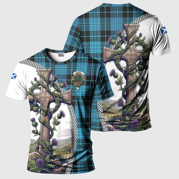 Clergy Tartan T-Shirt with Family Crest and St. Andrew's Cross Accented by Thistle Vines