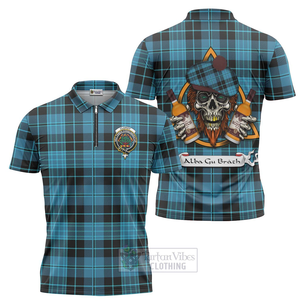 Tartan Vibes Clothing Clergy Tartan Zipper Polo Shirt with Family Crest and Bearded Skull Holding Bottles of Whiskey