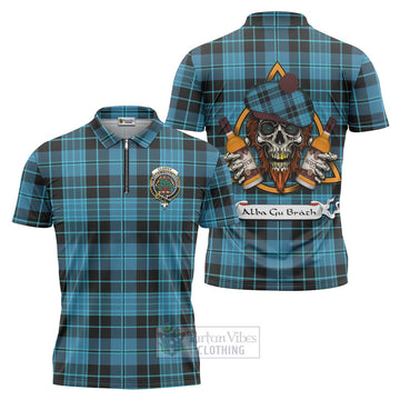 Clergy Tartan Zipper Polo Shirt with Family Crest and Bearded Skull Holding Bottles of Whiskey