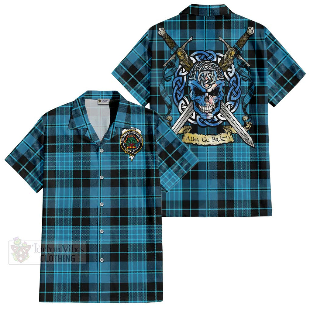 Tartan Vibes Clothing Clergy Tartan Short Sleeve Button Shirt with Family Crest Celtic Skull Style