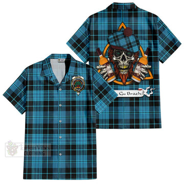 Clergy Tartan Short Sleeve Button Shirt with Family Crest and Bearded Skull Holding Bottles of Whiskey