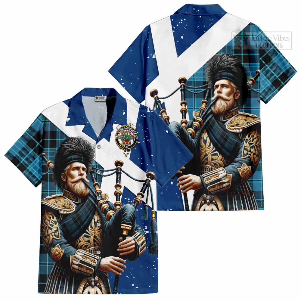 Tartan Vibes Clothing Clergy Tartan Short Sleeve Button Shirt with Family Crest Scottish Bagpiper Vibes