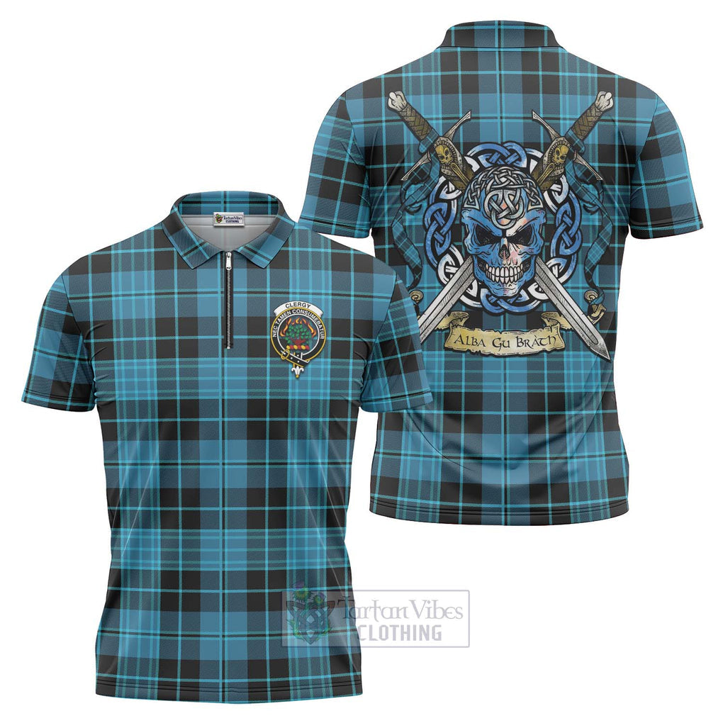 Tartan Vibes Clothing Clergy Tartan Zipper Polo Shirt with Family Crest Celtic Skull Style