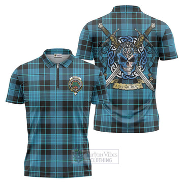 Clergy Tartan Zipper Polo Shirt with Family Crest Celtic Skull Style