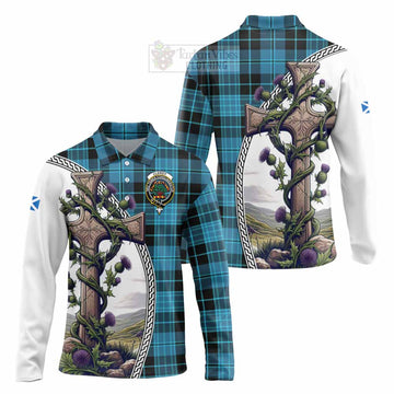 Clergy Tartan Long Sleeve Polo Shirt with Family Crest and St. Andrew's Cross Accented by Thistle Vines Unisex - Tartan Vibes Clothing