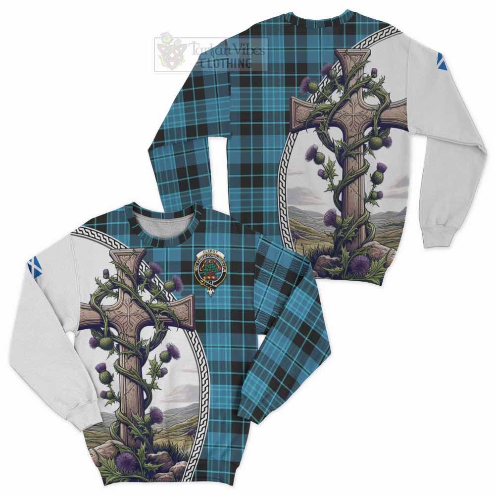 Tartan Vibes Clothing Clergy Tartan Sweatshirt with Family Crest and St. Andrew's Cross Accented by Thistle Vines