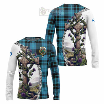 Clergy Tartan Long Sleeve T-Shirt with Family Crest and St. Andrew's Cross Accented by Thistle Vines Unisex - Tartan Vibes Clothing