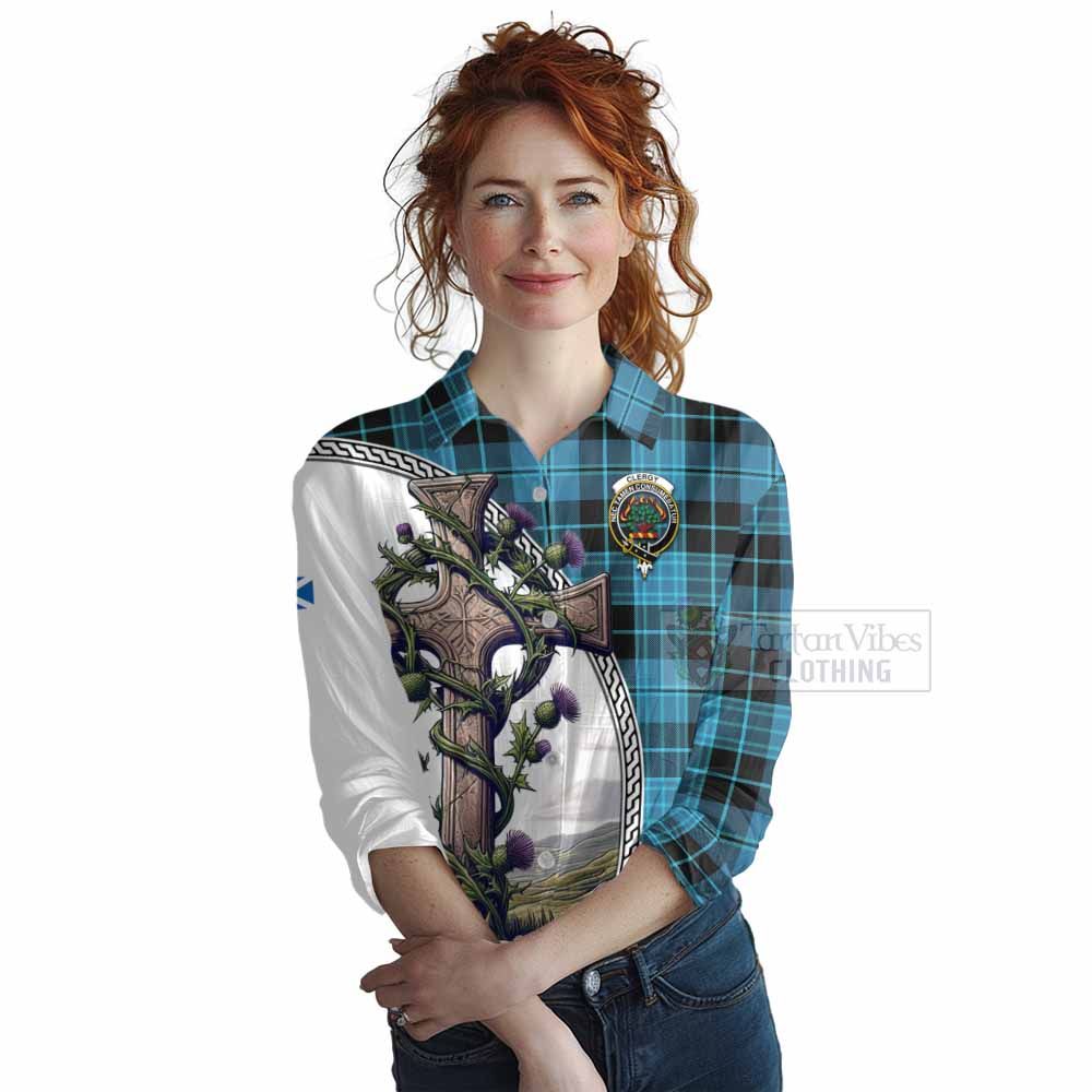 Tartan Vibes Clothing Clergy Tartan Women's Casual Shirt with Family Crest and St. Andrew's Cross Accented by Thistle Vines