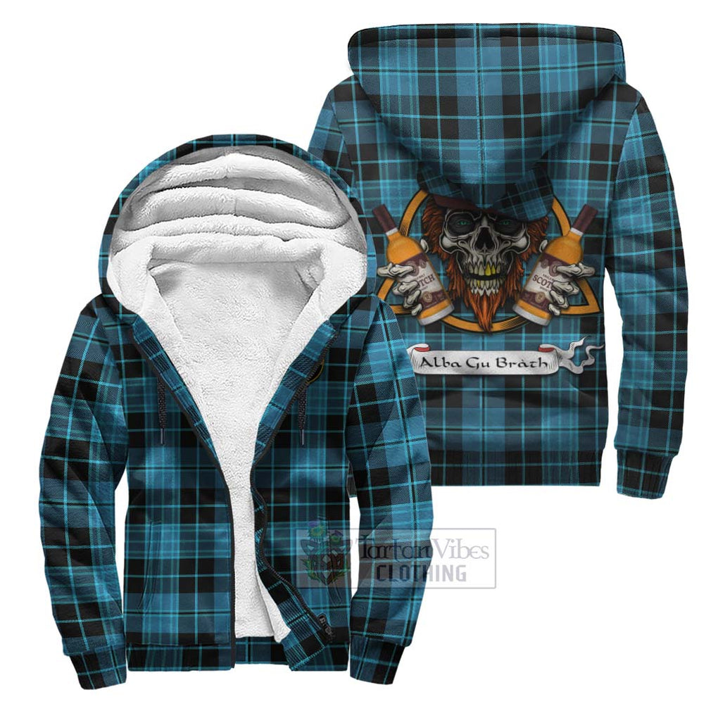 Tartan Vibes Clothing Clergy Tartan Sherpa Hoodie with Family Crest and Bearded Skull Holding Bottles of Whiskey