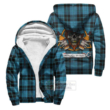 Clergy Tartan Sherpa Hoodie with Family Crest and Bearded Skull Holding Bottles of Whiskey