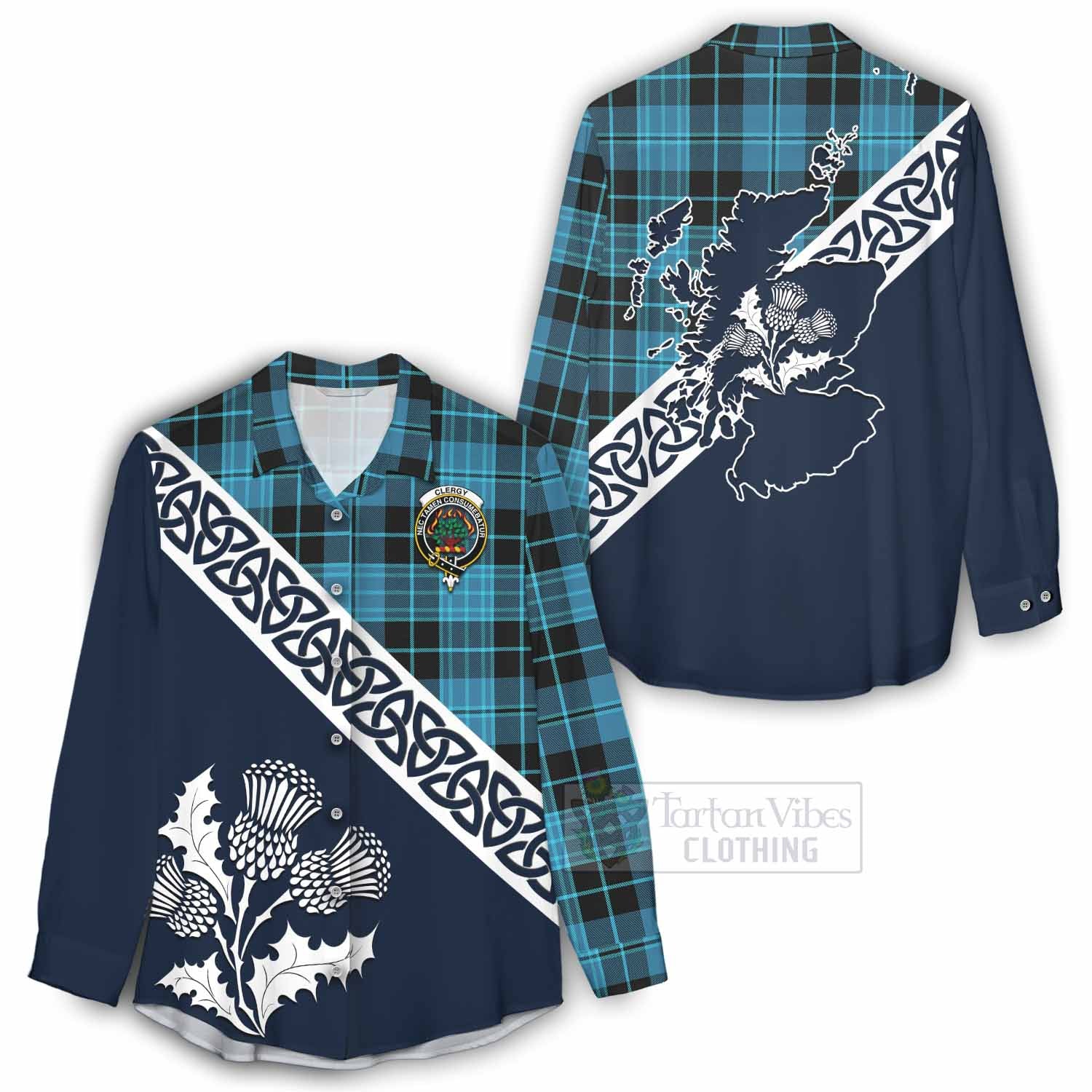 Tartan Vibes Clothing Clergy Tartan Women's Casual Shirt Featuring Thistle and Scotland Map