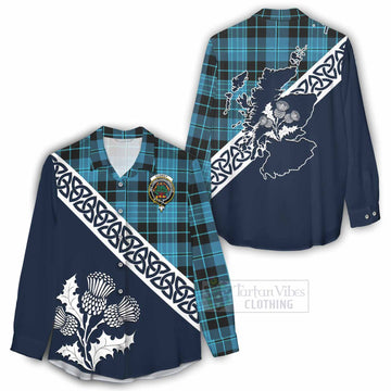 Clergy Tartan Women's Casual Shirt Featuring Thistle and Scotland Map