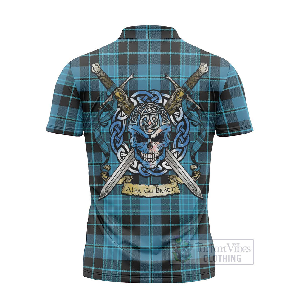 Tartan Vibes Clothing Clergy Tartan Zipper Polo Shirt with Family Crest Celtic Skull Style