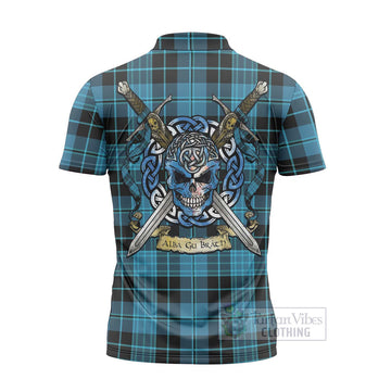 Clergy Tartan Zipper Polo Shirt with Family Crest Celtic Skull Style