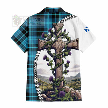 Clergy Tartan Short Sleeve Button Shirt with Family Crest and St. Andrew's Cross Accented by Thistle Vines