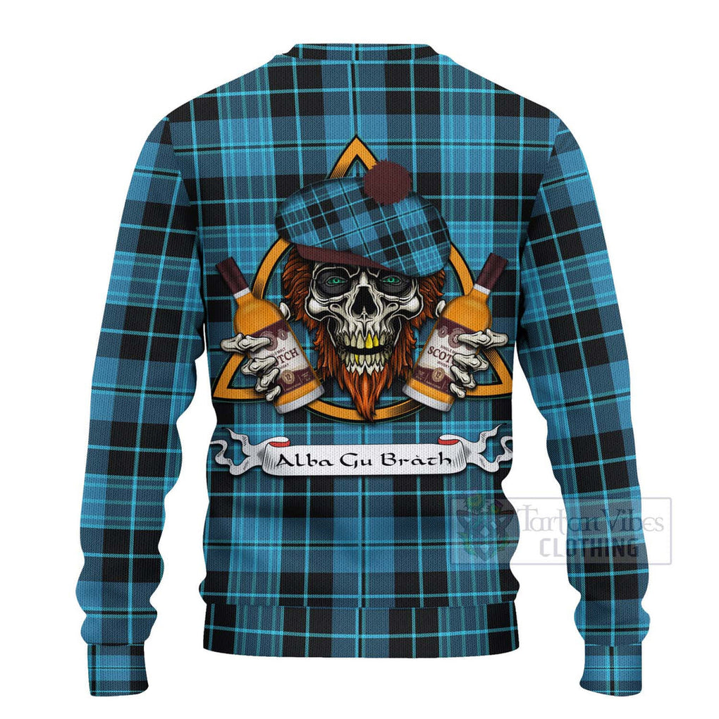 Tartan Vibes Clothing Clergy Tartan Knitted Sweater with Family Crest and Bearded Skull Holding Bottles of Whiskey