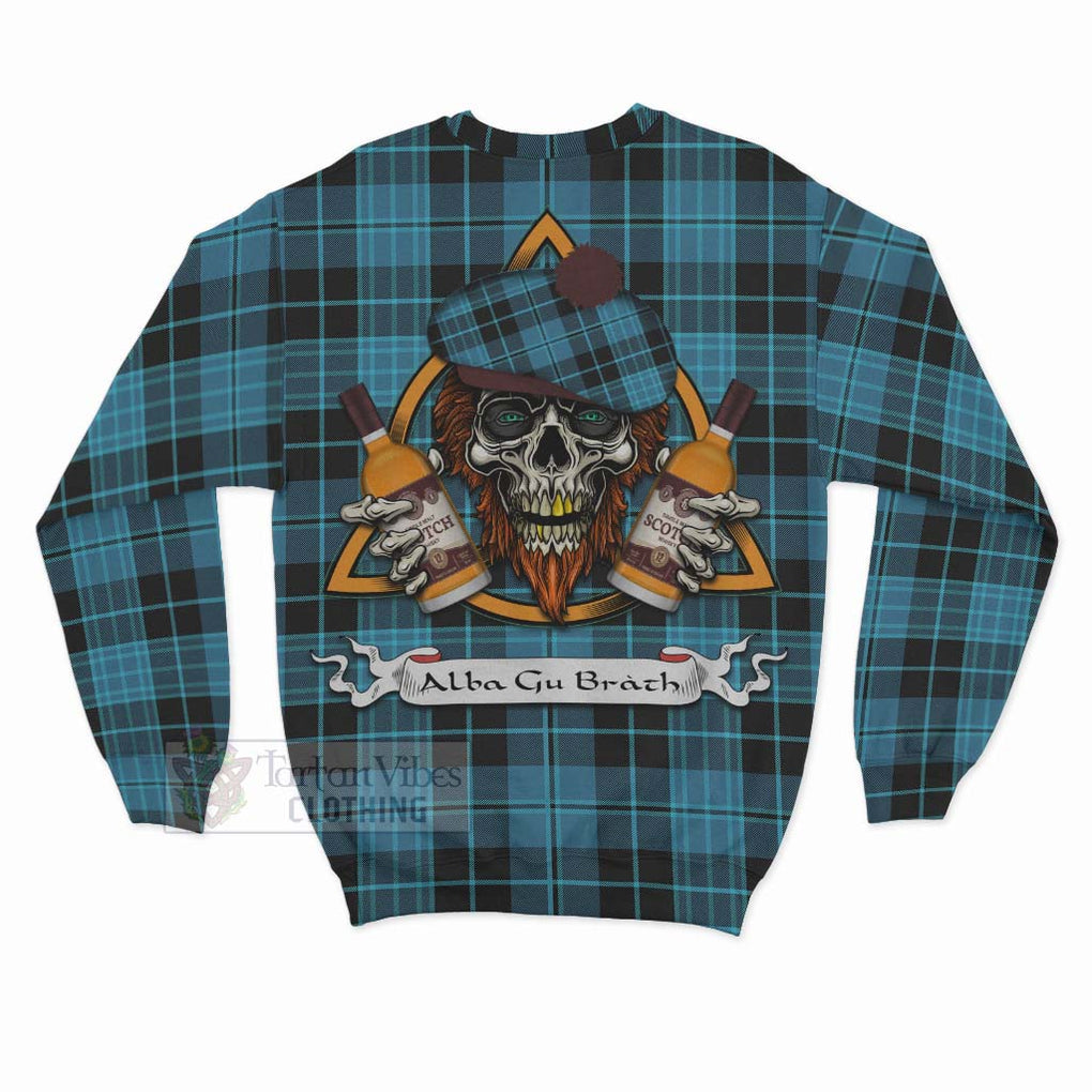 Tartan Vibes Clothing Clergy Tartan Sweatshirt with Family Crest and Bearded Skull Holding Bottles of Whiskey