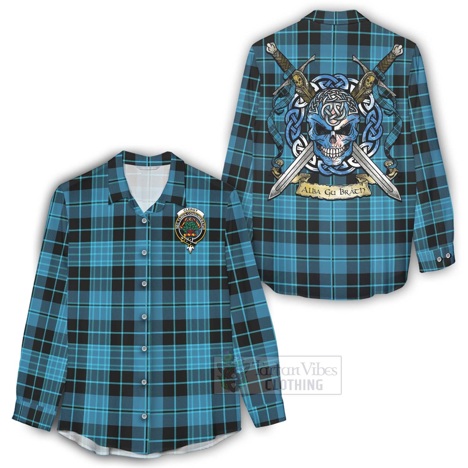 Tartan Vibes Clothing Clergy Tartan Women's Casual Shirt with Family Crest Celtic Skull Style