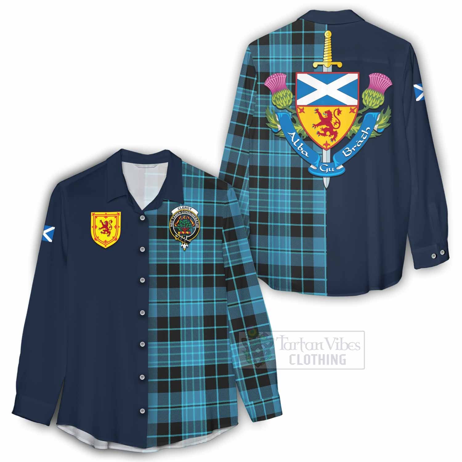 Tartan Vibes Clothing Clergy Tartan Women's Casual Shirt Alba with Scottish Lion Royal Arm Half Style