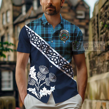 Clergy Tartan Short Sleeve Button Shirt Featuring Thistle and Scotland Map