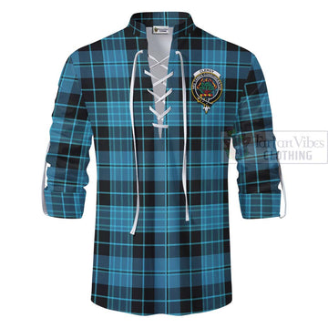 Clergy Tartan Ghillie Kilt Shirt with Family Crest and Bearded Skull Holding Bottles of Whiskey - Tartan Vibes Clothing