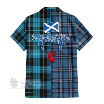 Clergy Tartan Short Sleeve Button Shirt Happy St. Andrew's Day Half Tartan Style