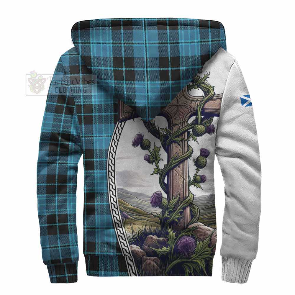 Tartan Vibes Clothing Clergy Tartan Sherpa Hoodie with Family Crest and St. Andrew's Cross Accented by Thistle Vines