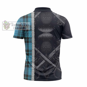 Clergy Tartan Zipper Polo Shirt with Family Crest Cross Sword Thistle Celtic Vibes