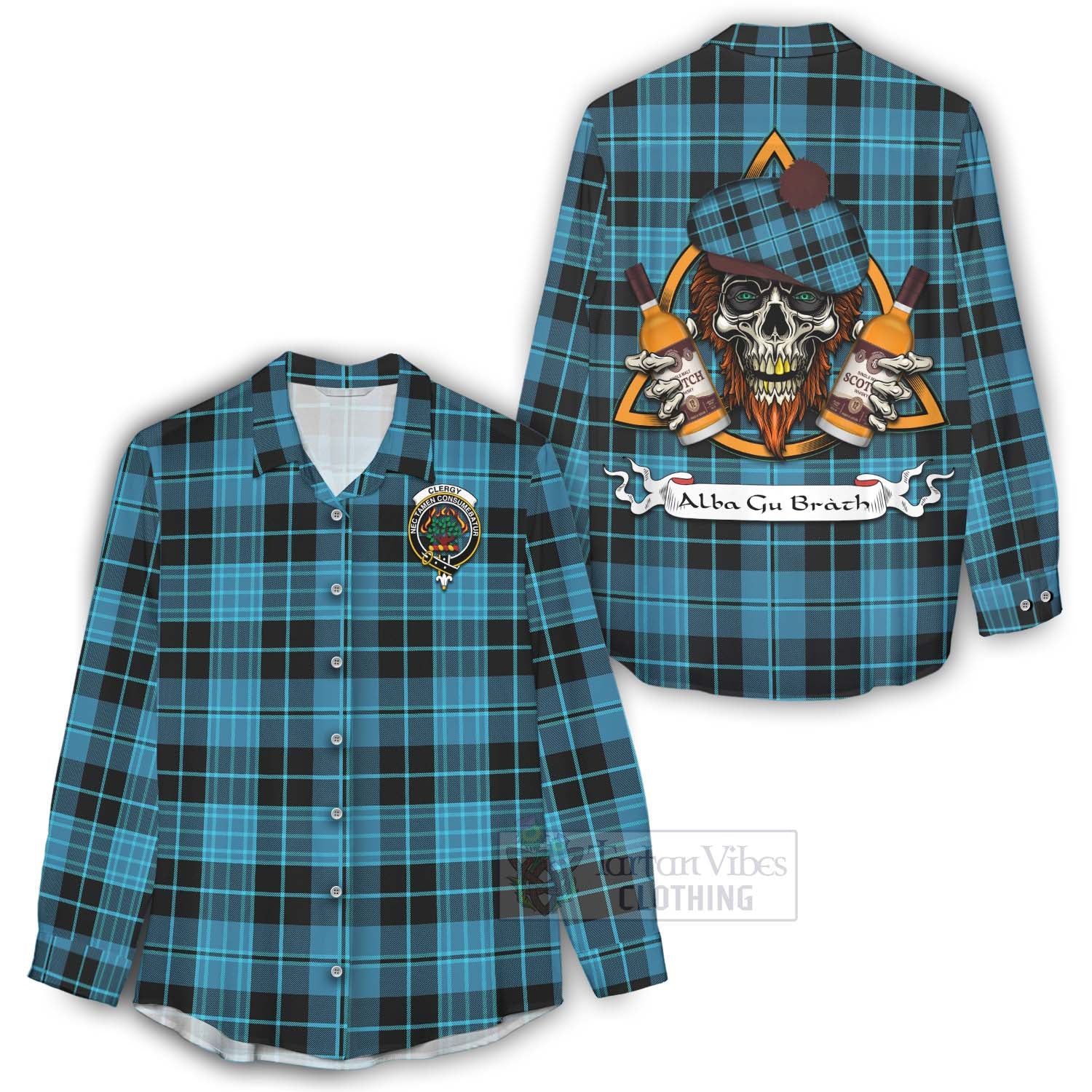 Tartan Vibes Clothing Clergy Tartan Women's Casual Shirt with Family Crest and Bearded Skull Holding Bottles of Whiskey