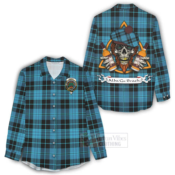 Clergy Tartan Women's Casual Shirt with Family Crest and Bearded Skull Holding Bottles of Whiskey