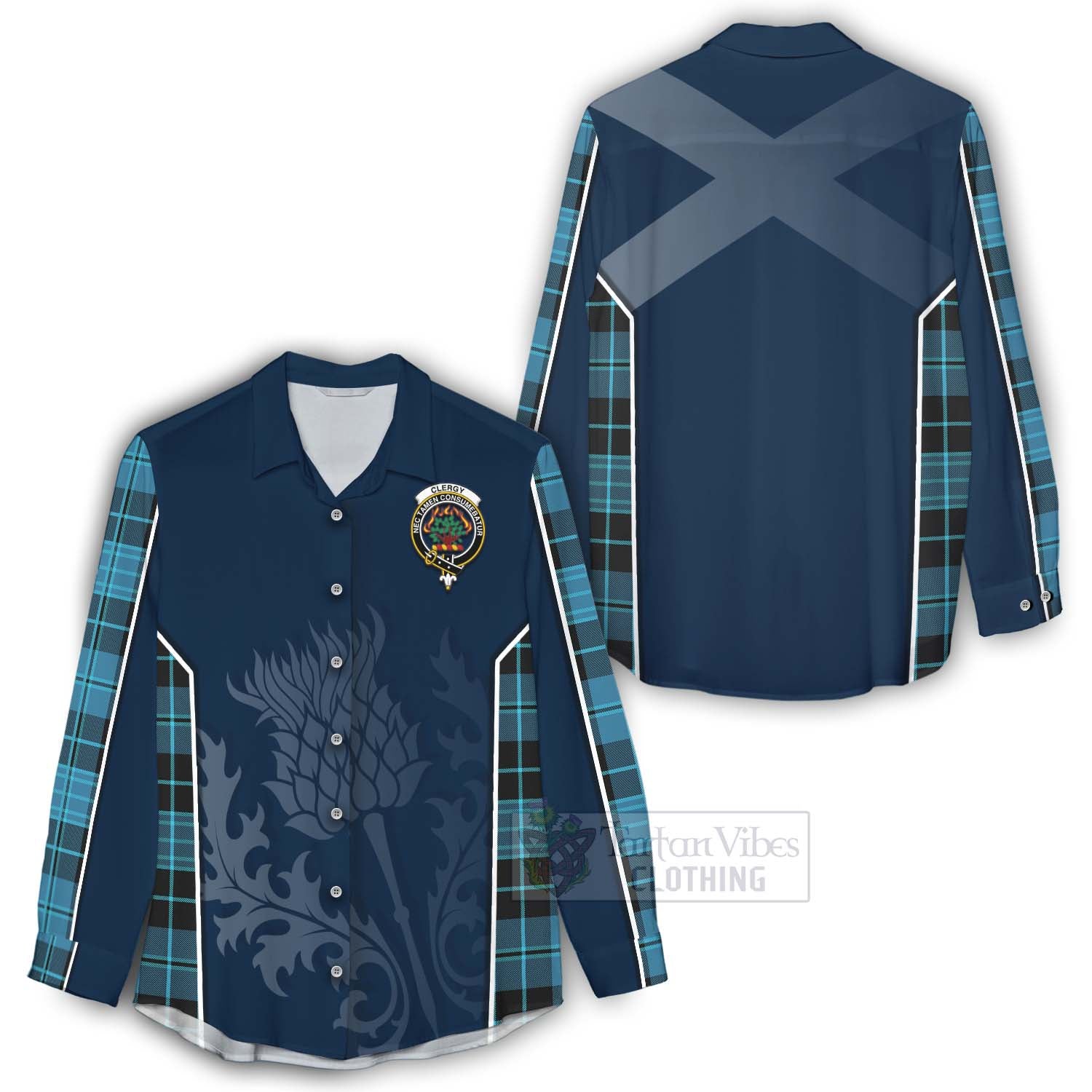 Tartan Vibes Clothing Clergy Tartan Women's Casual Shirt with Family Crest and Scottish Thistle Vibes Sport Style