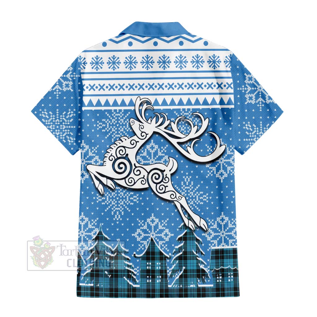 Tartan Vibes Clothing Clergy Clan Christmas Short Sleeve Button Shirt Celtic Reindeer Style