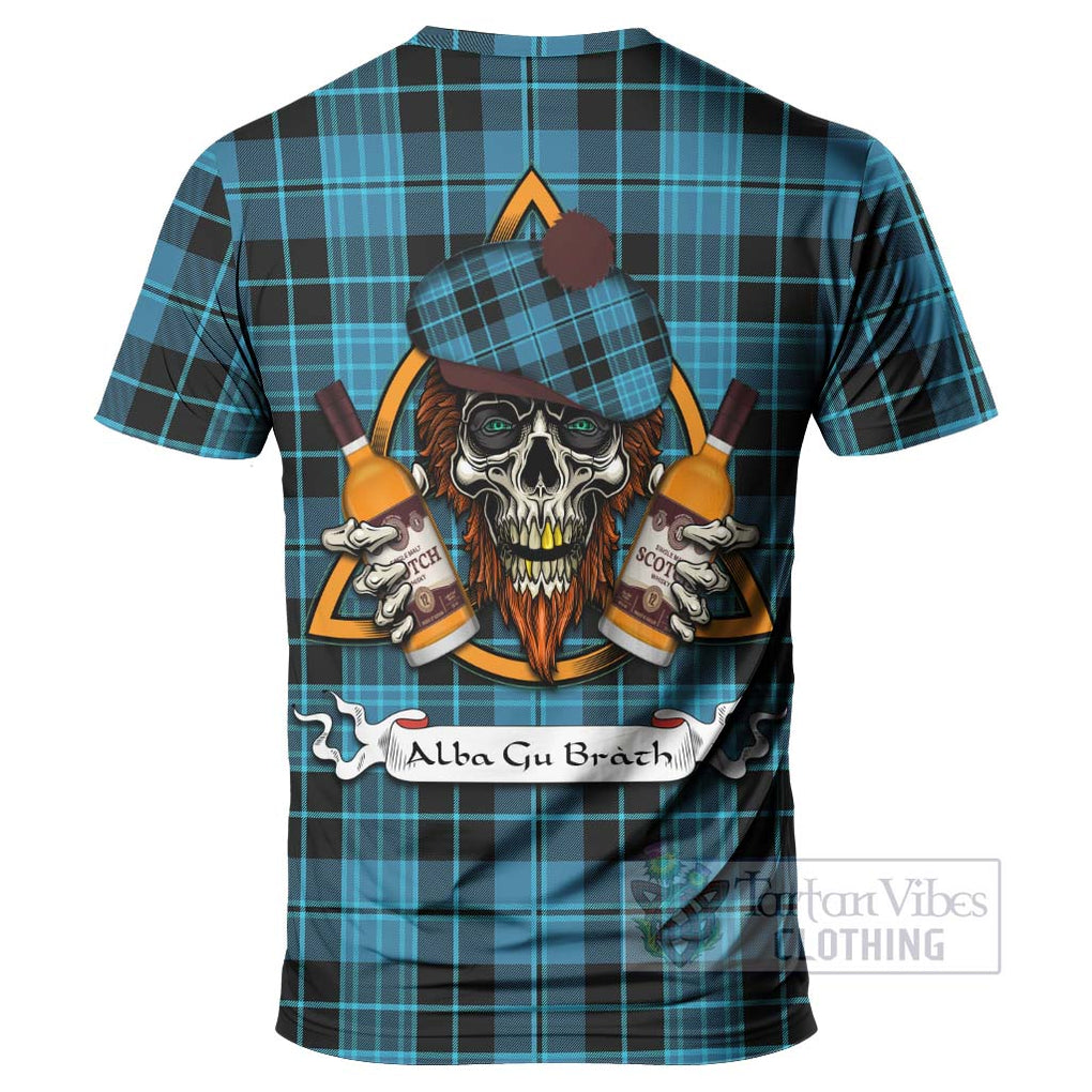 Tartan Vibes Clothing Clergy Tartan T-Shirt with Family Crest and Bearded Skull Holding Bottles of Whiskey