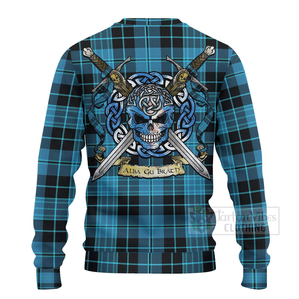 Tartan Vibes Clothing Clergy Tartan Knitted Sweater with Family Crest Celtic Skull Style