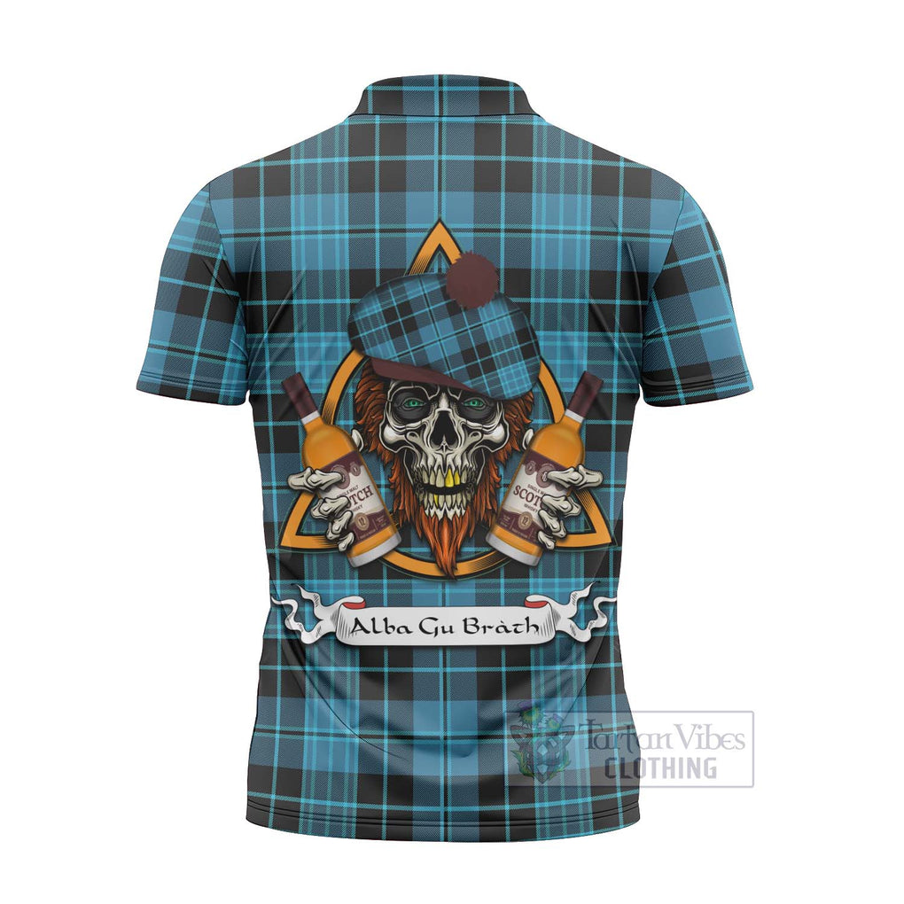 Tartan Vibes Clothing Clergy Tartan Zipper Polo Shirt with Family Crest and Bearded Skull Holding Bottles of Whiskey