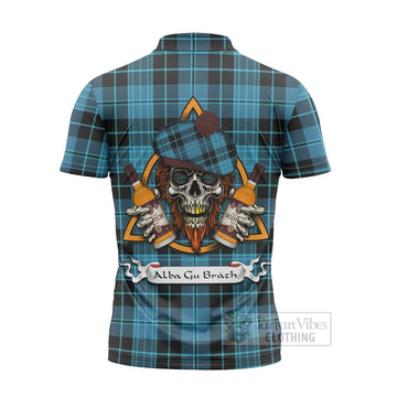 Clergy Tartan Zipper Polo Shirt with Family Crest and Bearded Skull Holding Bottles of Whiskey