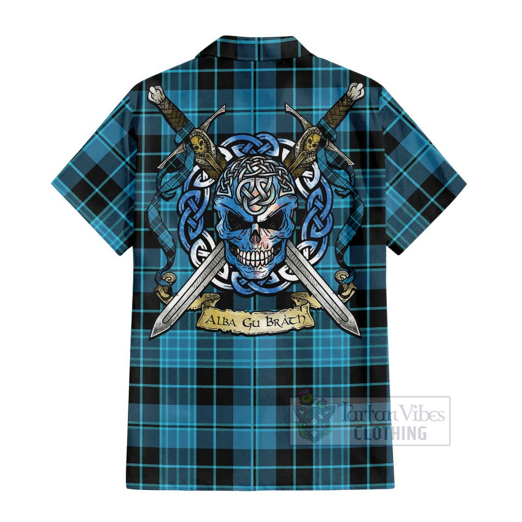 Tartan Vibes Clothing Clergy Tartan Short Sleeve Button Shirt with Family Crest Celtic Skull Style