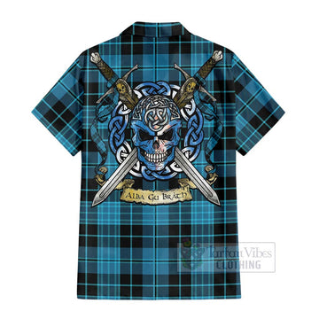 Clergy Tartan Short Sleeve Button Shirt with Family Crest Celtic Skull Style