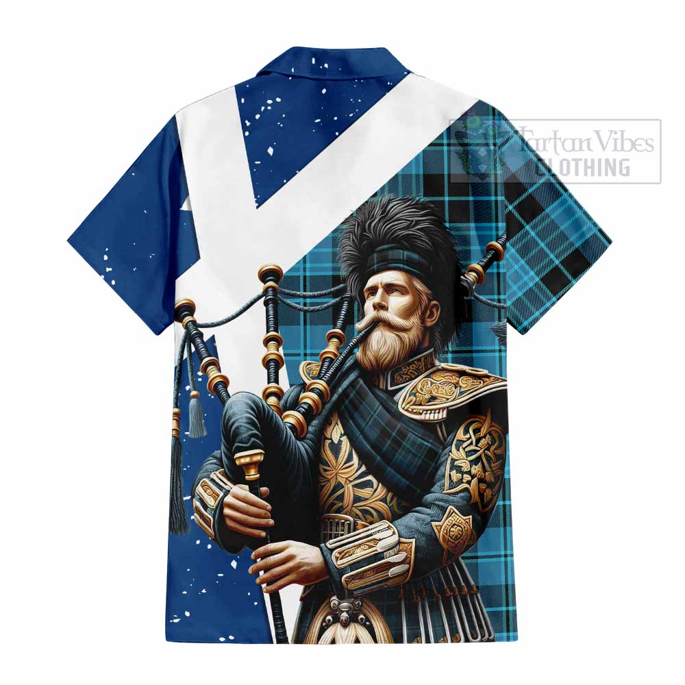 Tartan Vibes Clothing Clergy Tartan Short Sleeve Button Shirt with Family Crest Scottish Bagpiper Vibes