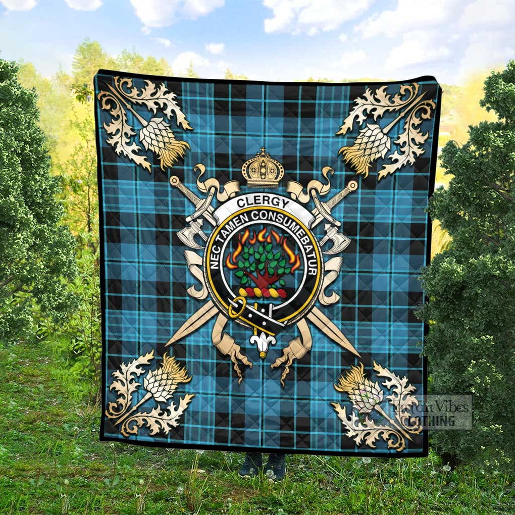 Tartan Vibes Clothing Clergy Tartan Quilt with Family Crest and Scottish Golden Courage Shield