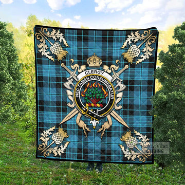 Clergy Tartan Quilt with Family Crest and Golden Thistle Crossed Sword Design