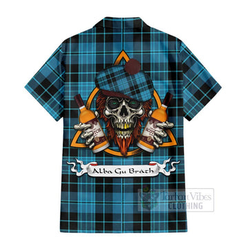 Clergy Tartan Short Sleeve Button Shirt with Family Crest and Bearded Skull Holding Bottles of Whiskey