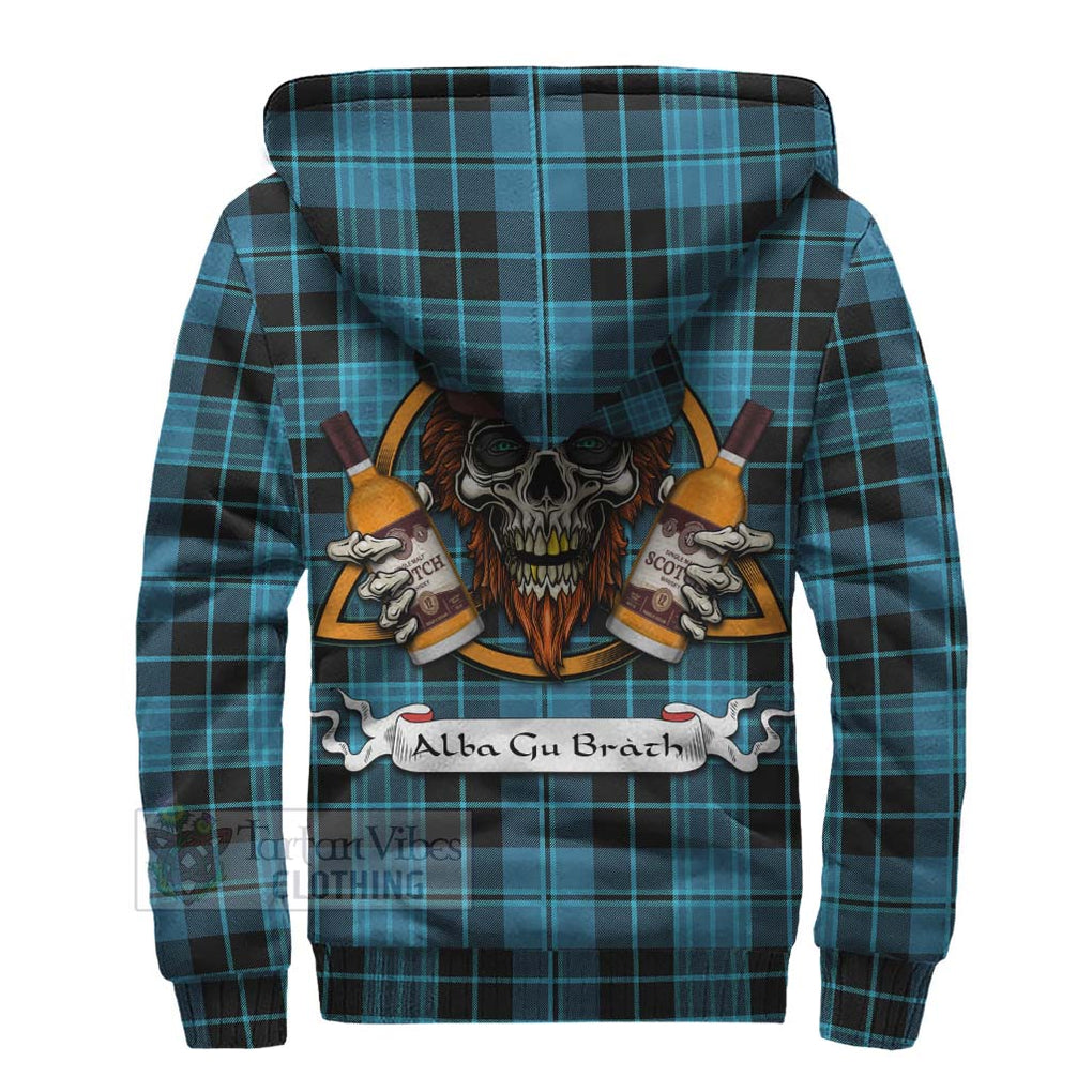 Tartan Vibes Clothing Clergy Tartan Sherpa Hoodie with Family Crest and Bearded Skull Holding Bottles of Whiskey